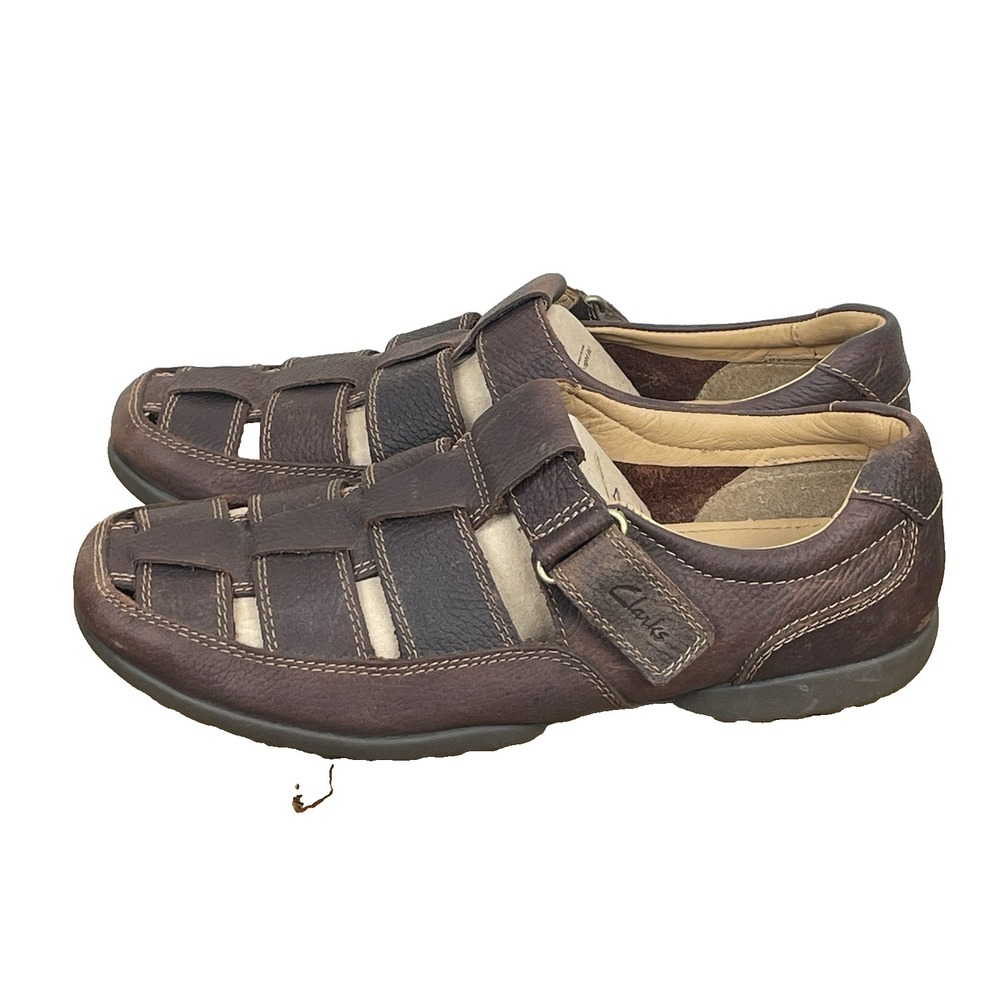 Clarks Mens Dark Brown Leather Fisherman Sandals Size 9.5W Casual Coastal Earthy - Picture 2 of 10
